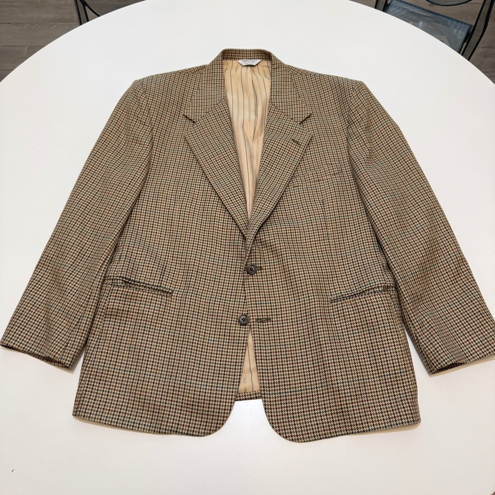 Hunting Horn J. Riggins Tan Brown Wool Silk‎ Houndstooth Blazer Mens 46R USA